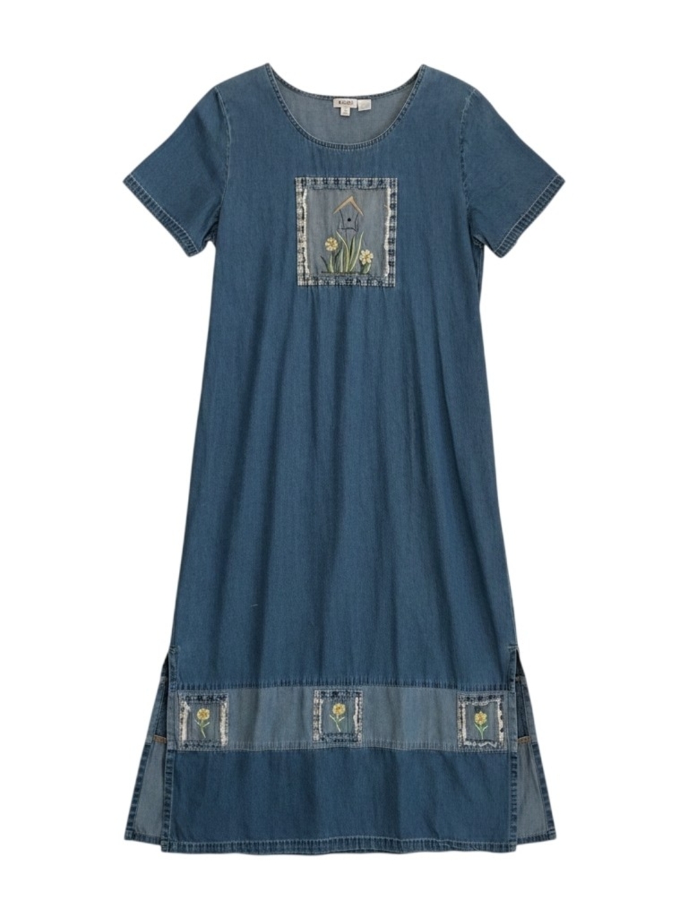 Vintage 90s Bleu Bayou Dress Womens XL Maxi Blue Denim Embroidered Floral Patch